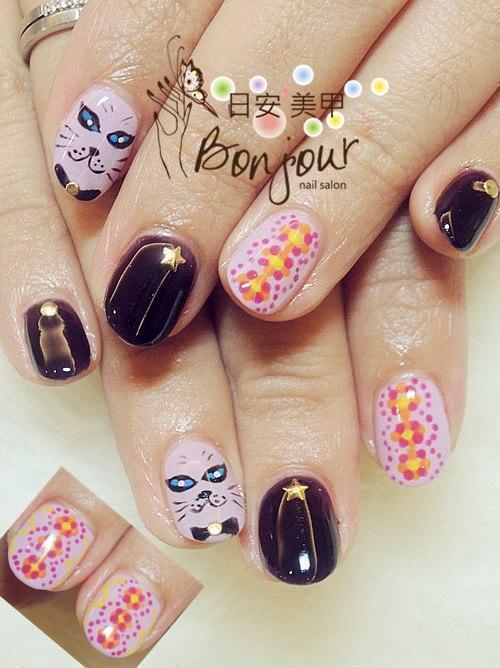 可愛手繪貓貓光療指甲 - 台北東區美甲:日安美甲 Bonjour Nail Salon