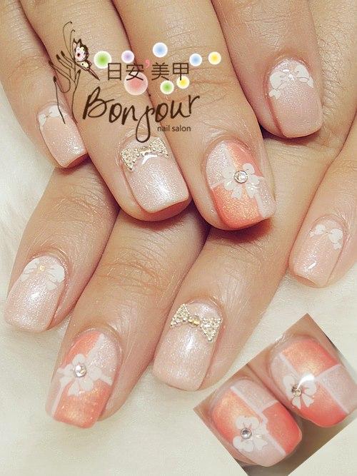 甜甜風蝴蝶結幾何光療指甲 - 台北東區美甲:日安美甲 Bonjour Nail Salon