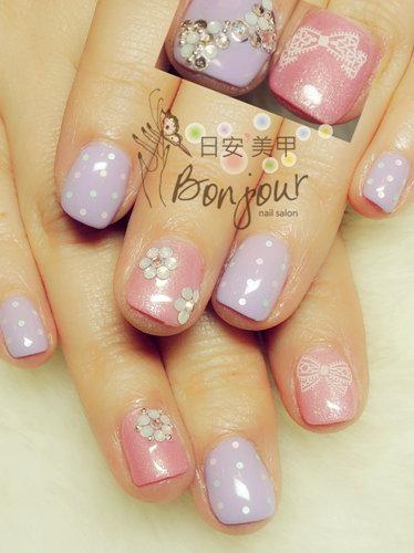 台北東區美甲 日安美甲:紫色系點點花圈光療指甲 Bonjour Nail Salon