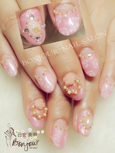 台北東區美甲 日安美甲:粉紅色梅花新娘款光療指甲 Bonjour Nail Salon