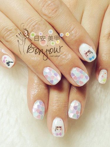 台北東區美甲 日安美甲:滿滿愛心貓貓款光療指甲 Bonjour Nail Salon