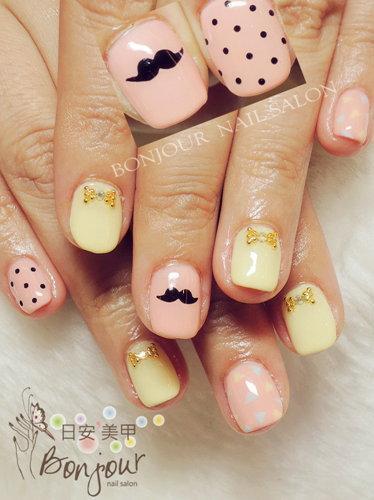 台北東區美甲 日安美甲:可愛點點翹鬍子款光療指甲 Bonjour Nail Salon