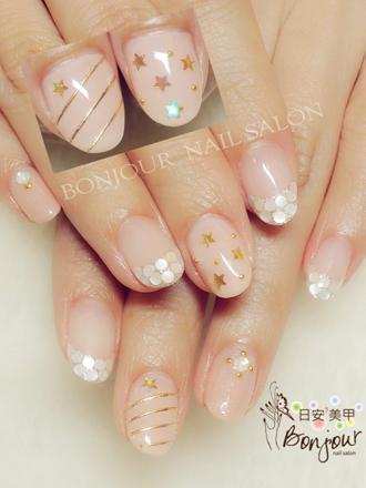 台北東區美甲 日安美甲:裸色系法式亮片光療指甲 Bonjour Nail Salon