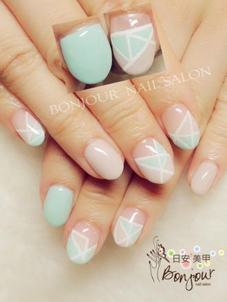 台北東區美甲 日安美甲:粉嫩雙色幾何光療指甲 Bonjour Nail Salon