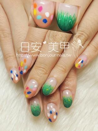台北東區美甲-日安美甲 -小文青 手繪水玉x草原系凝膠指甲 Bonjour Nail Salon