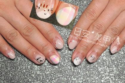 台北東區美甲-日安美甲-手繪秋天貓與格子趣凝膠指甲 Bonjour Nail Salon